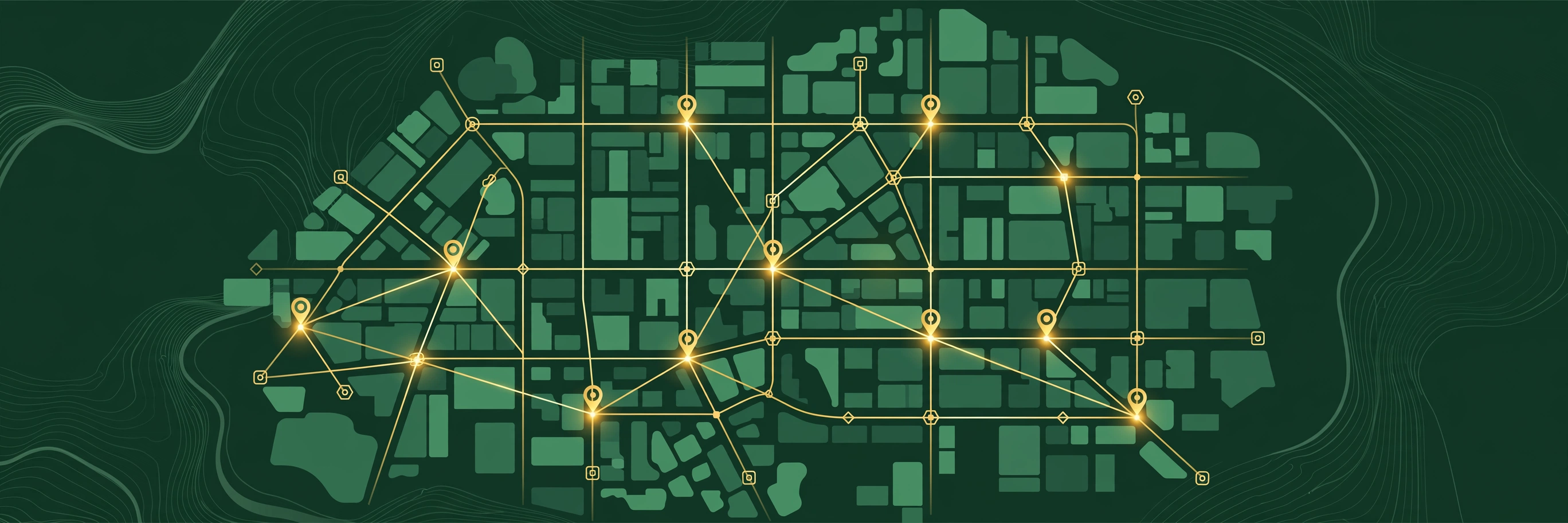 Stylized city map with routes connecting service locations — an illustration of Servana's dispatch network